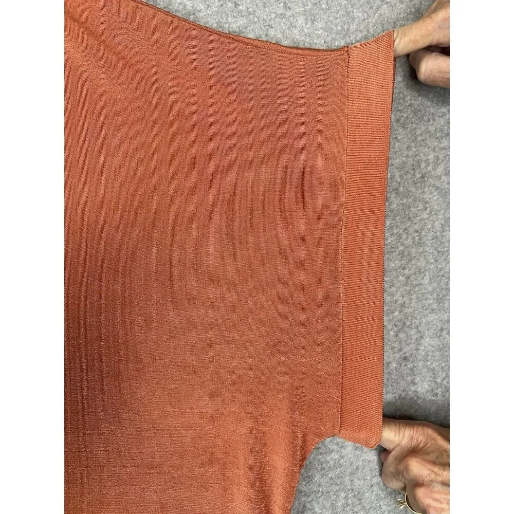 Womens V-neck Orange Slinky Knit Tunic Oversized, Hi-Low Hem, Dolman Sleeves - Picture 4 of 9